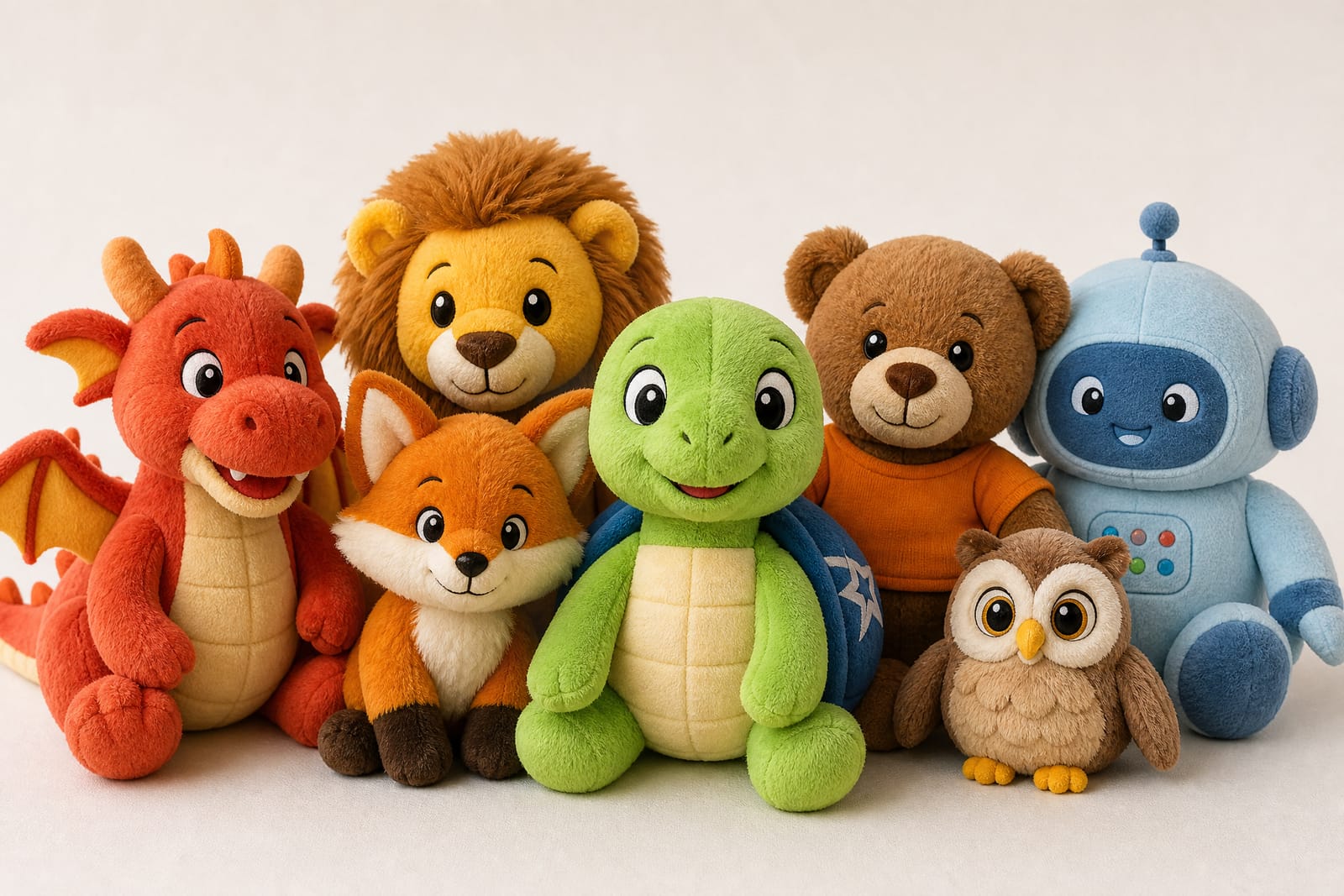 Zeven conceptmascottes als pluche knuffels naast elkaar, met Tobi in het midden