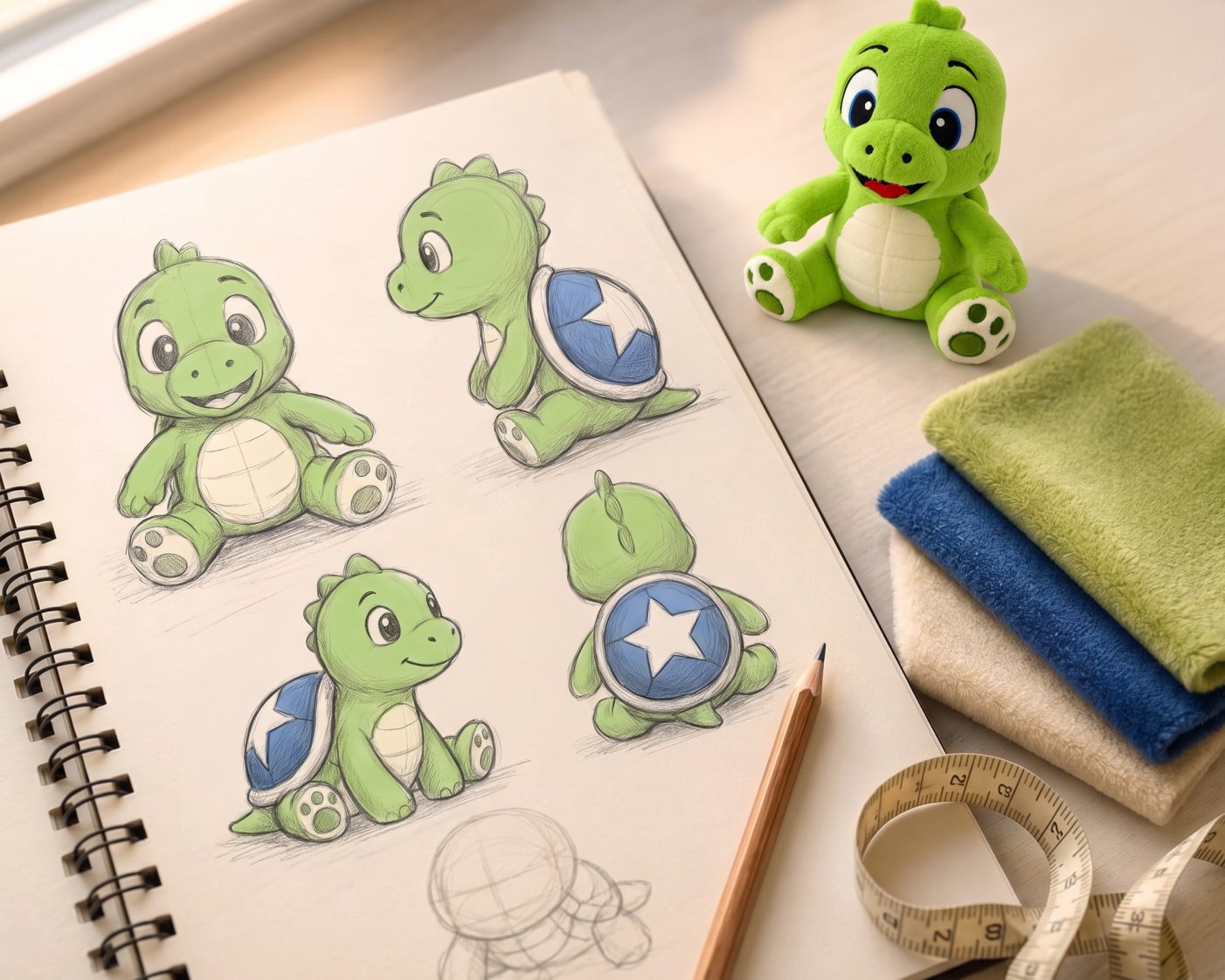 Een schetsboek met potloodstudies van een schildpadkarakter, ernaast de afgemaakte pluche knuffel, stapeltjes pluche en een meetlint