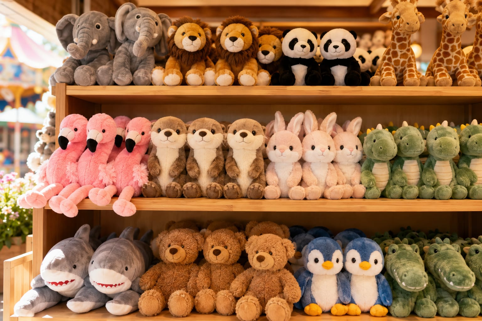 Schappen in een parkwinkel gevuld met pluche knuffels in verschillende maten