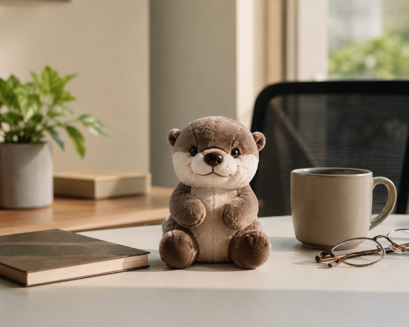 Een pluche knuffel op een opgeruimd bureau naast een notitieboek en een kop koffie