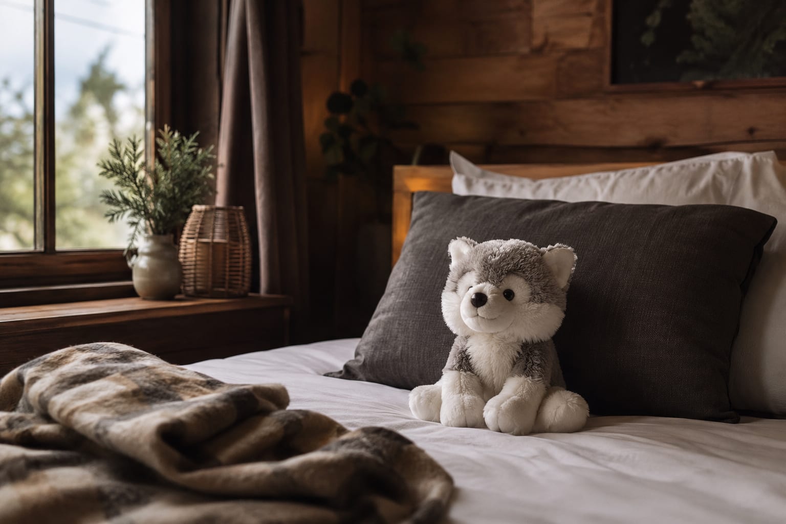 Een pluche knuffel tegen een kussen op een opgemaakt bed in een houten vakantiehuisje