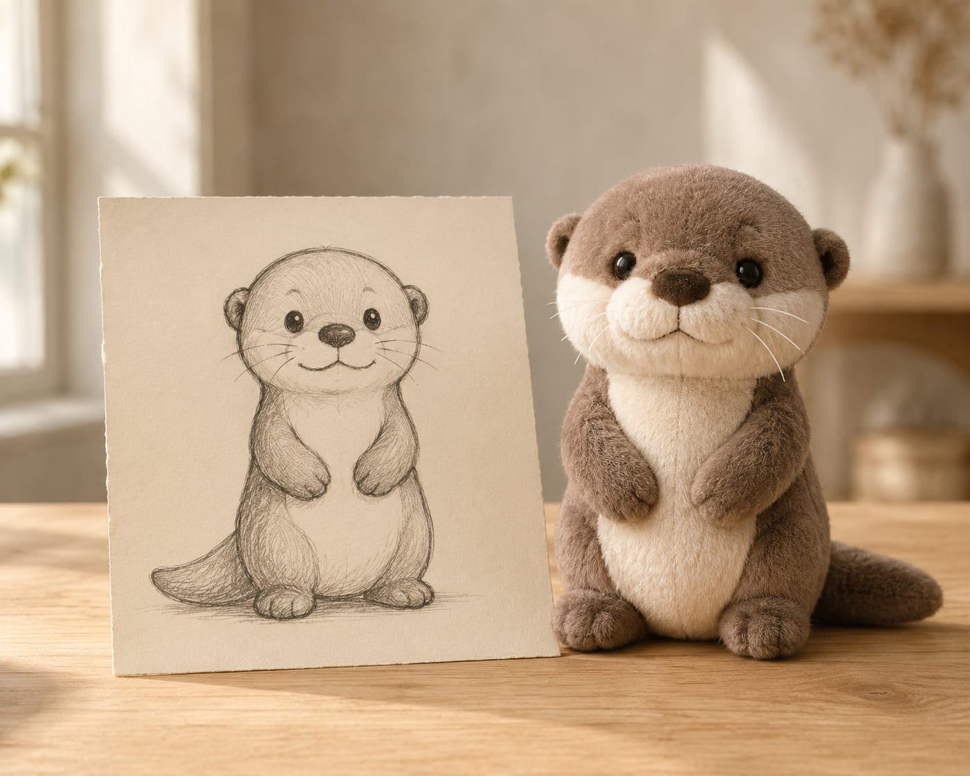 Een potloodschets van een karakter naast de afgemaakte pluche knuffel van datzelfde karakter