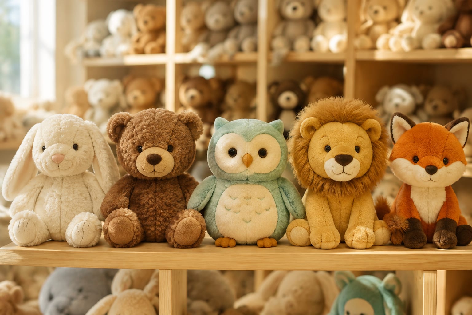 Vijf pluche knuffels naast elkaar op een houten schap, met gevulde schappen erachter