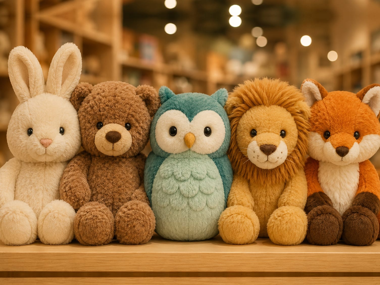 Vijf pluche knuffels naast elkaar op een schap in een warm verlichte speelgoedwinkel