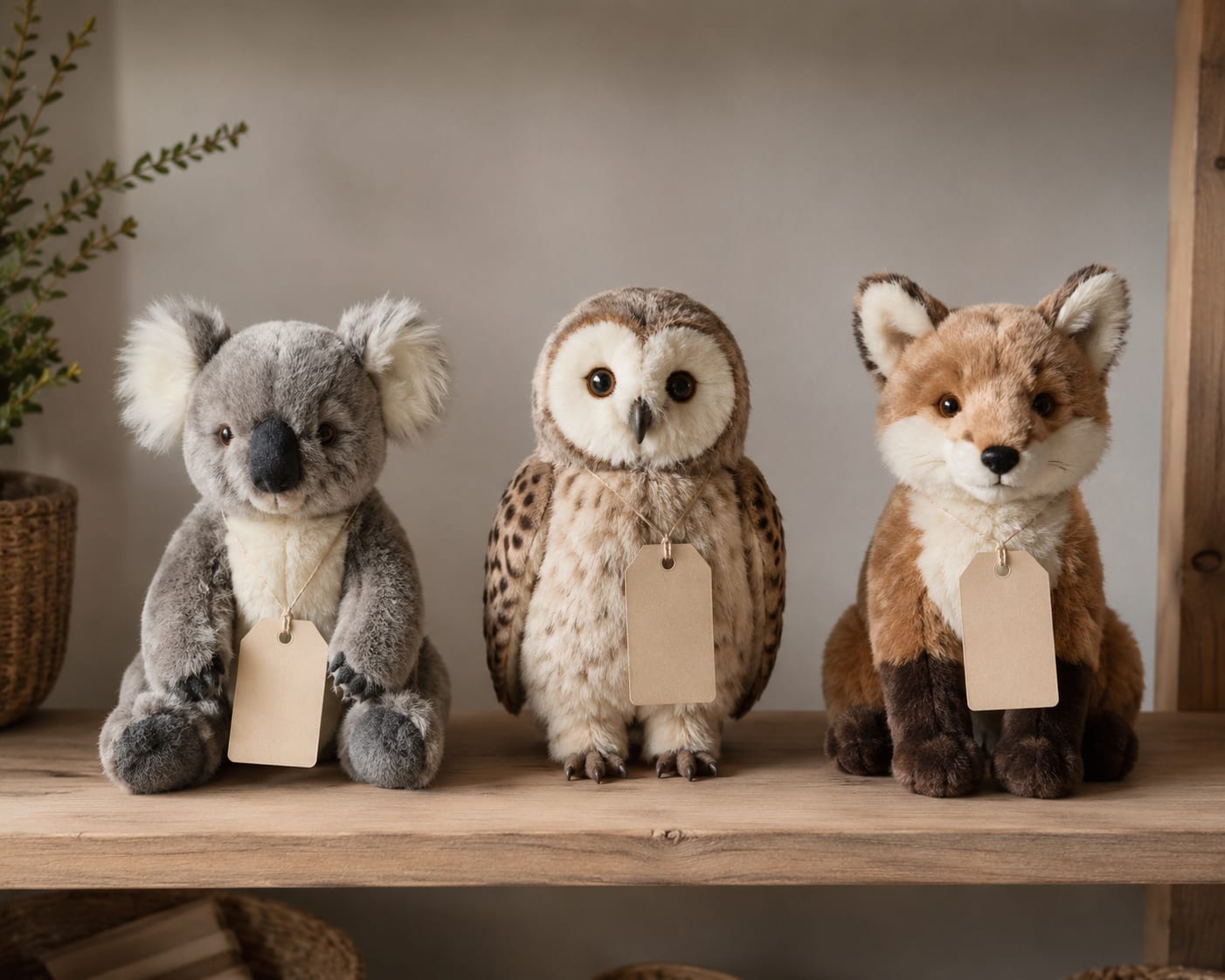 Drie verschillende pluche dieren op een winkelschap, elk met een label aan een touwtje
