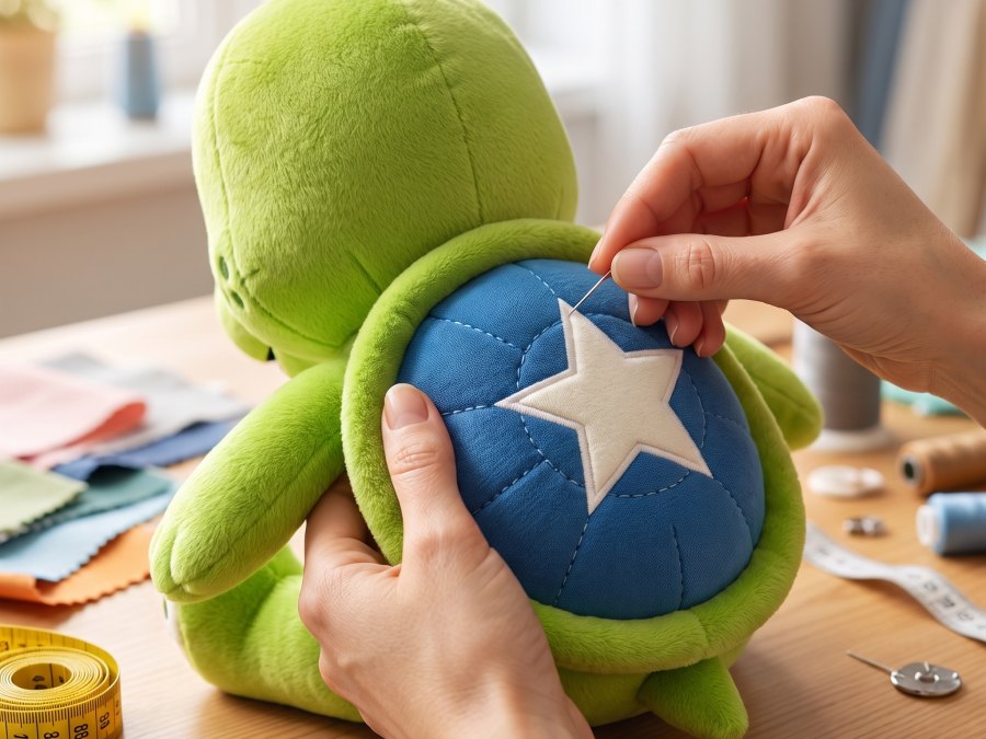 Twee handen houden een pluche schildpad met een blauw schild vast tegen een lichte achtergrond