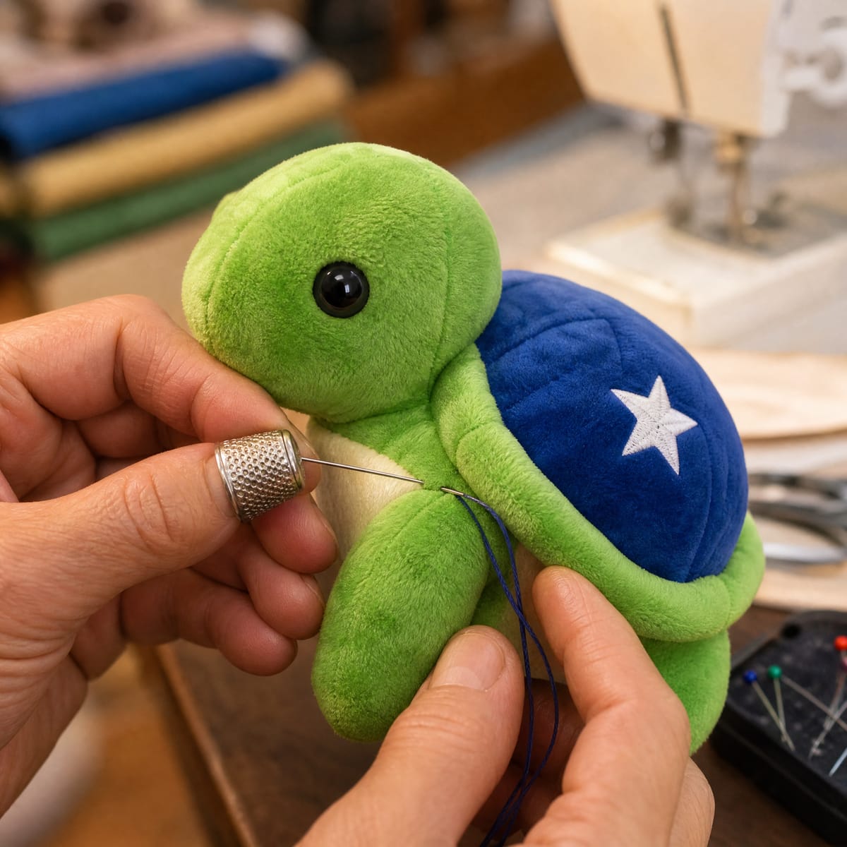 Handen stikken de laatste naad van een pluche schildpad-prototype