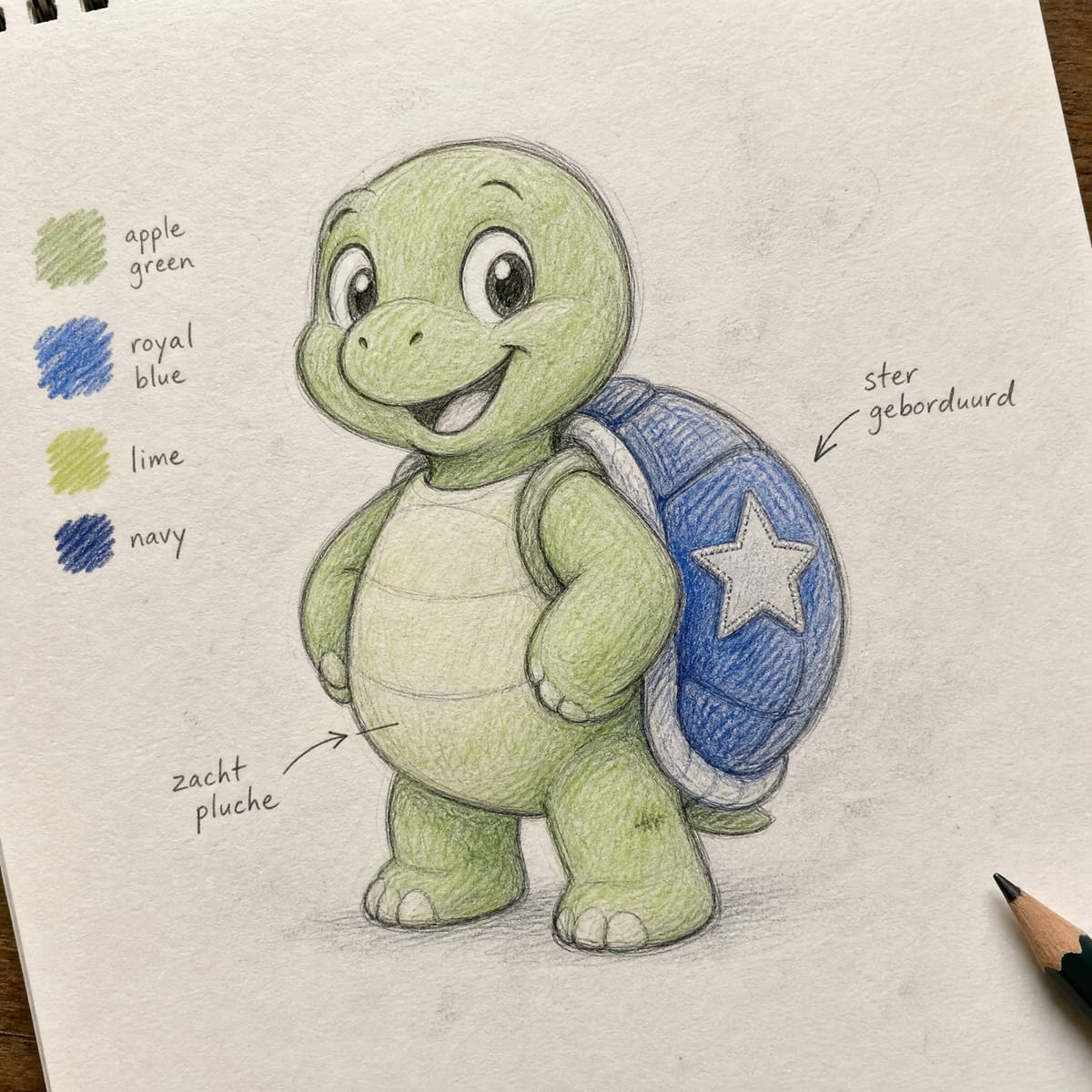 Handgetekende conceptschets van mascotte Tobi met kleurstalen en ontwerpnotities