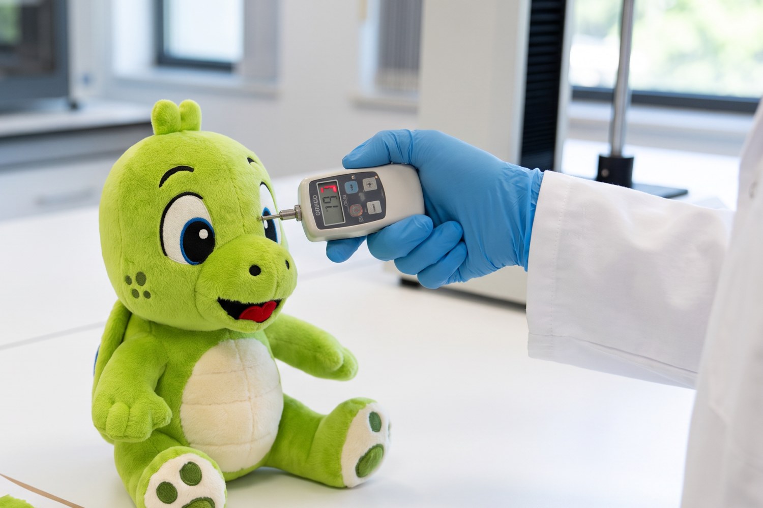 Een technicus test de geborduurde ogen van het sample met een trekkrachtmeter in een testlaboratorium