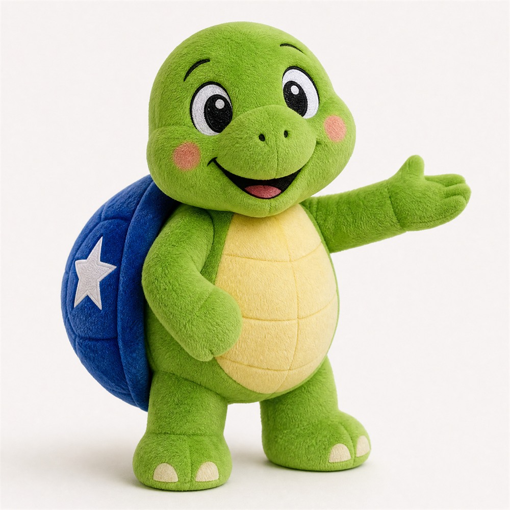 Tobi, de schildpad-mascotte van Plutoys, presenteert trots een knuffel
