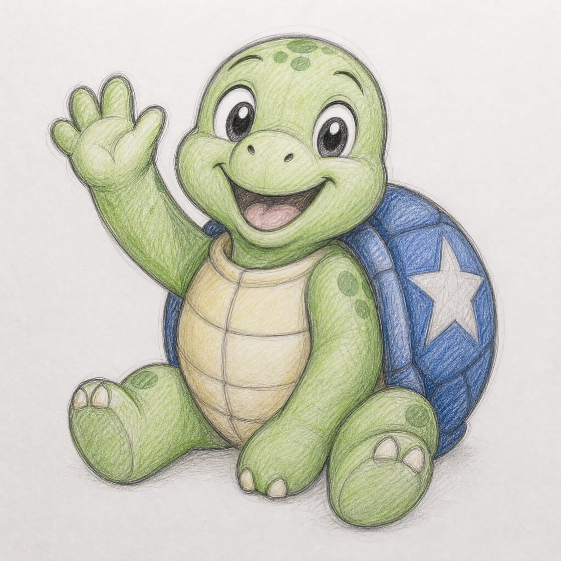 Potloodschets van Tobi, de schildpad-mascotte van Plutoys, zwaaiend